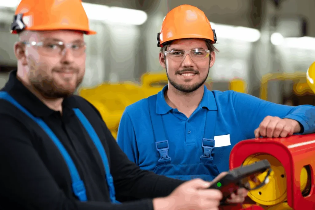 Two technicians in orange safety helmets and blue workwear prepare inspection and commissioning support near API-certified equipment in a workshop.