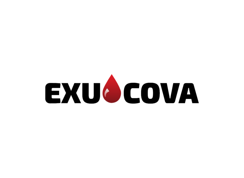 EXUOCOVA logo with bold black letters and a red teardrop between the U and C, highlighting the EXUOCOVA wordmark and brand identity.