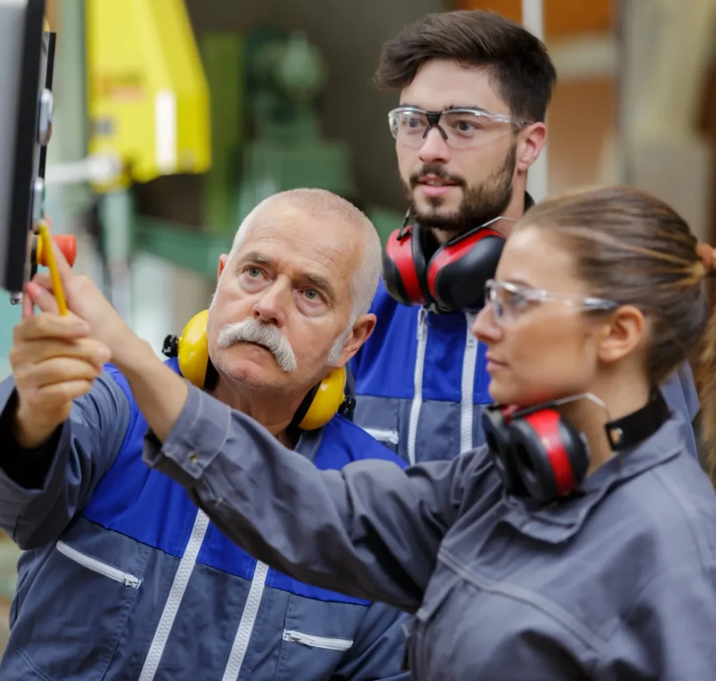 Exuocova image showing three workers in blue and gray protective coveralls with yellow ear protection and safety glasses, closely inspecting a monitor in a workshop environment.