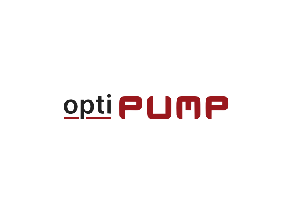optiPUMP logo with black 'opti' text and red 'PUMP' lettering, including a red underline, representing Exuocova's drilling technology branding
