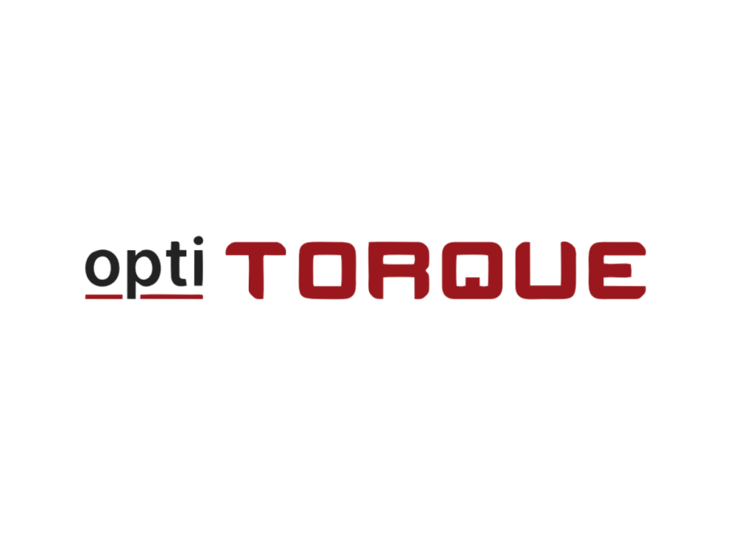 optiTORQUE logo with black 'opti' text underlined in red and bold red 'TORQUE' letters on a white background, representing Exuocova digital drilling solutions brand.