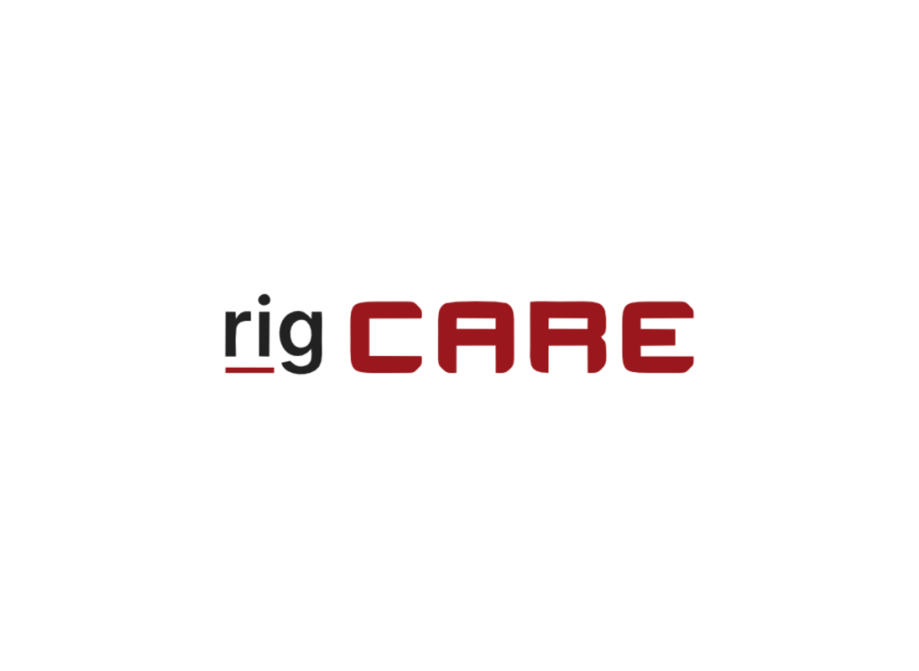 rigCARE logo featuring black 'rig' text and red 'CARE' on a white background, representing Exuocova digital solutions for rig health and uptime.
